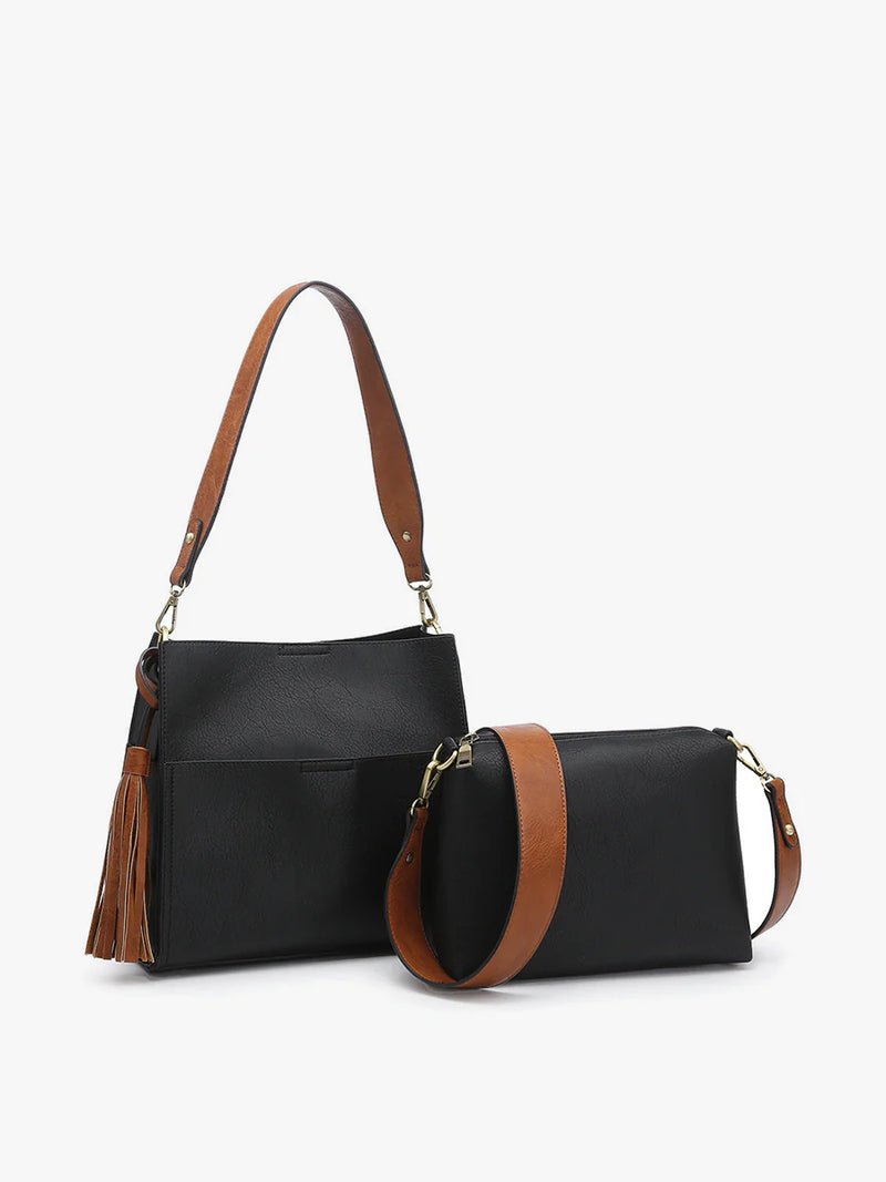 Black & Brown Lyla Bucket Bag with Guitar Strap