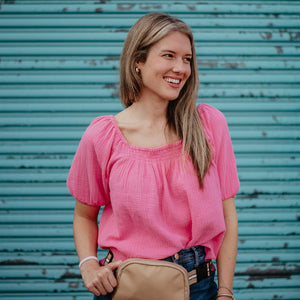 Katydid Hot Pink Cotton Gauze Puff Sleeve Blouse