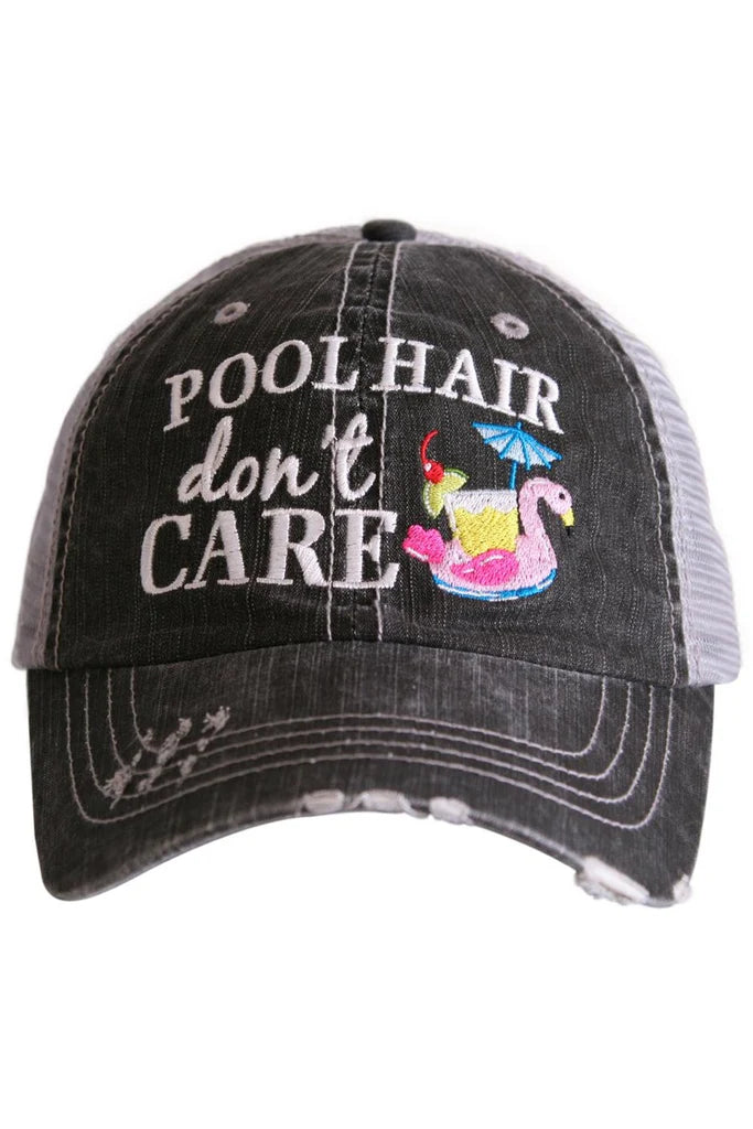 Pool Hair Don't Care with Pink Flamingo Float Trucker Hat