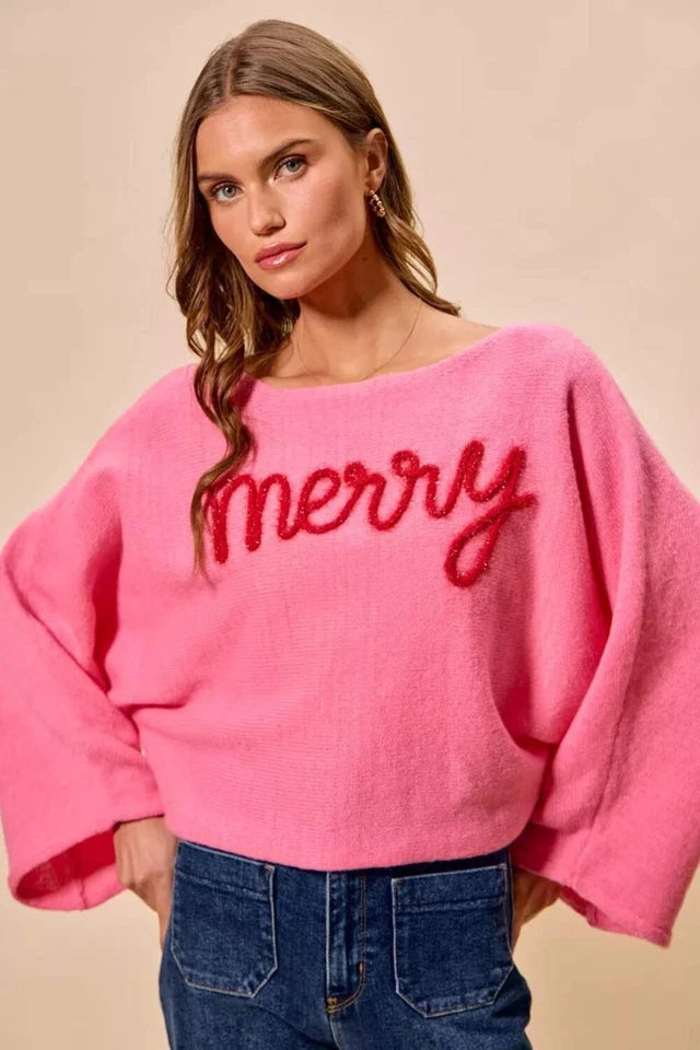 Merry Pink & Red Tinsel Lettering Christmas Sweater