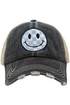 Light Blue Checkered Happy Face Black Trucker Hat