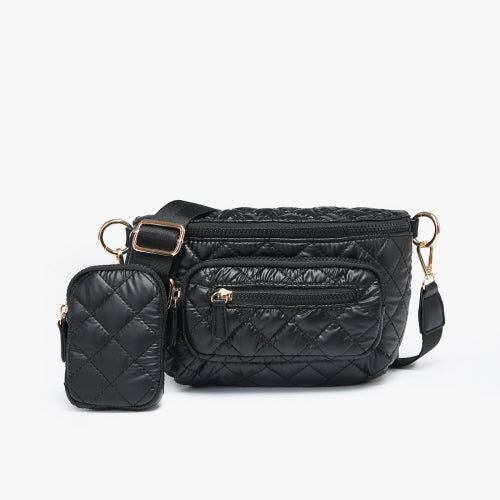 Black Arianna Quilted Puffer Belt Bag With Pouch