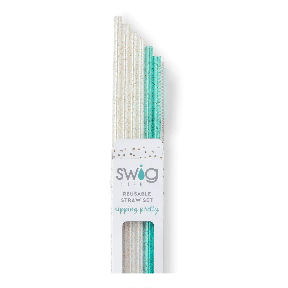 Swig Glitter Clear & Aqua Reusable Straw Set