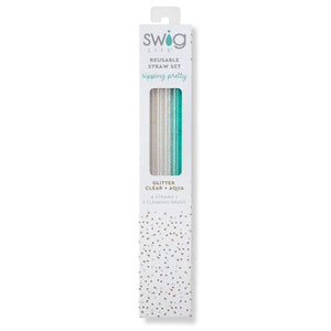 Swig Glitter Clear & Aqua Reusable Straw Set