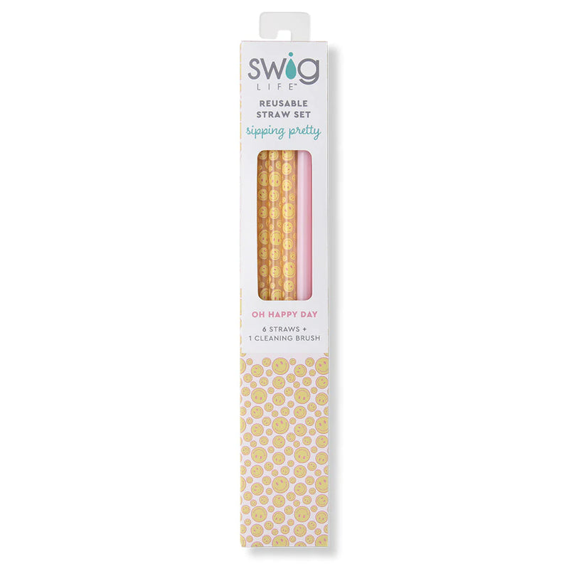 Swig Oh Happy Day + Pink Reusable Tall Straw Set