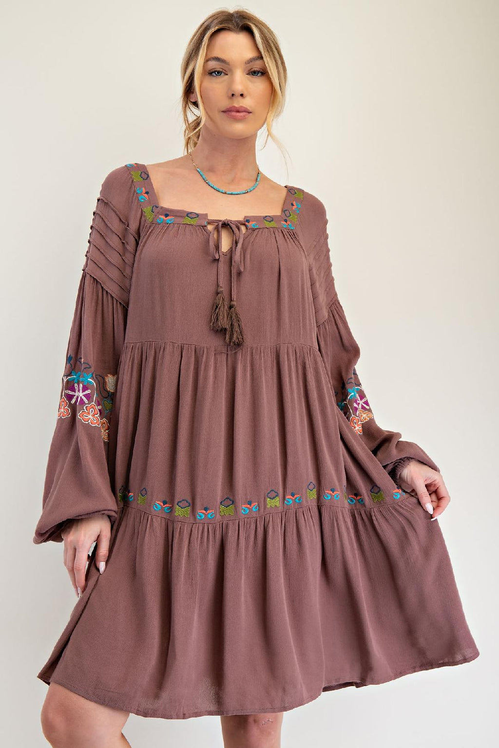 Whispered Stitches Espresso Embroidery Detailed Dress
