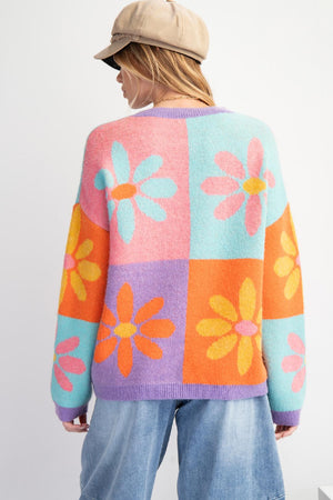 Blooming Love Flower Color Block Knit Sweater