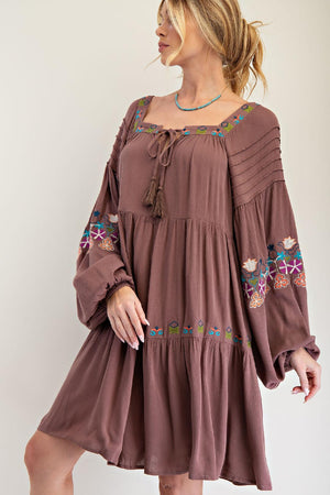 Whispered Stitches Espresso Embroidery Detailed Dress