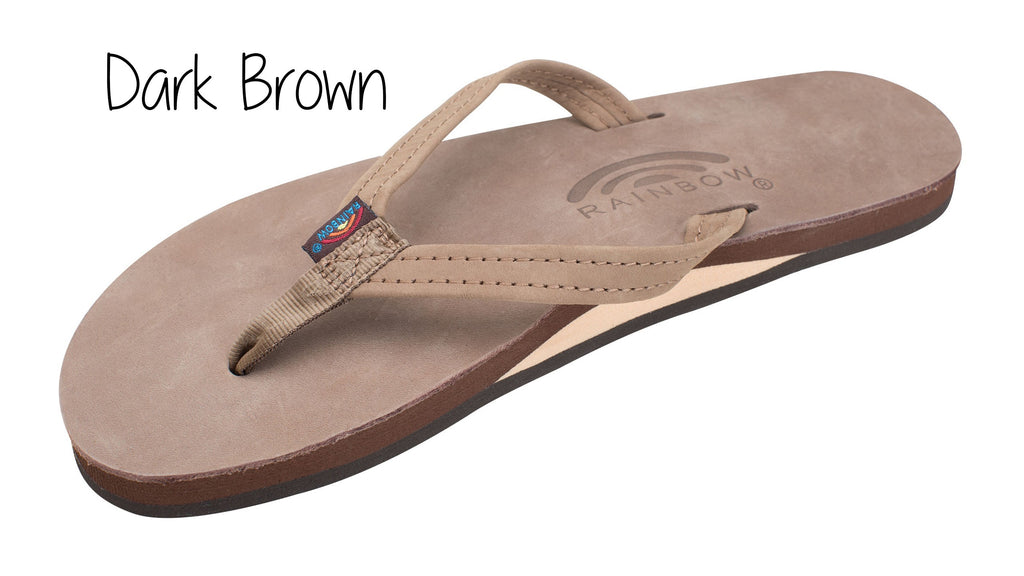 Premium Leather Ladies' Narrow Strap Single Layer Rainbow Sandals - Dark Brown