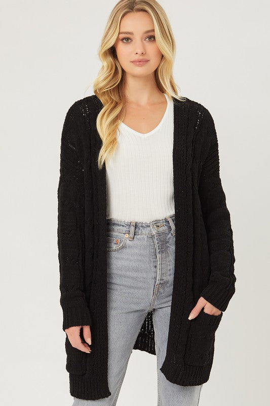 All Bundled Up Black Chenille Cable Knit Cardigan