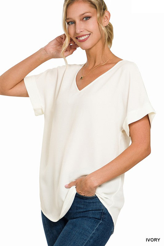 Bare Essential Ivory Woven Dobby Rolled Sleeve V-Neck Top