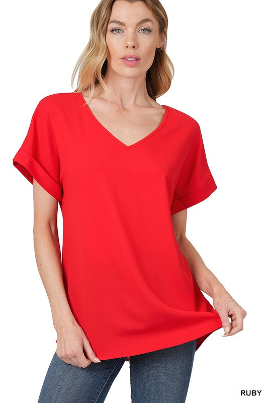Bare Essential Ruby Woven Dobby Rolled Sleeve V-Neck Top