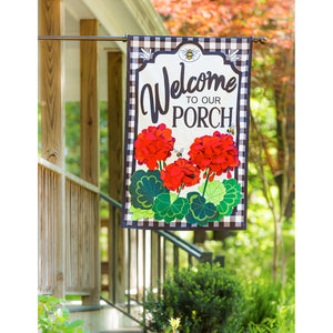 Welcome to Our Porch Geraniums House Linen Flag