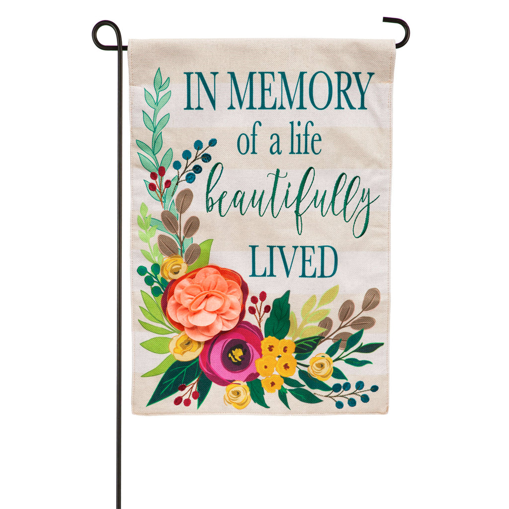 In Memory of a Life Beautifully Lived Garden Burlap Flag