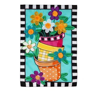 Stacked Spring Flower Pots Garden Applique Flag