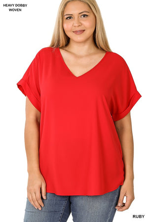 Bare Essential Ruby Woven Dobby Rolled Sleeve V-Neck Top