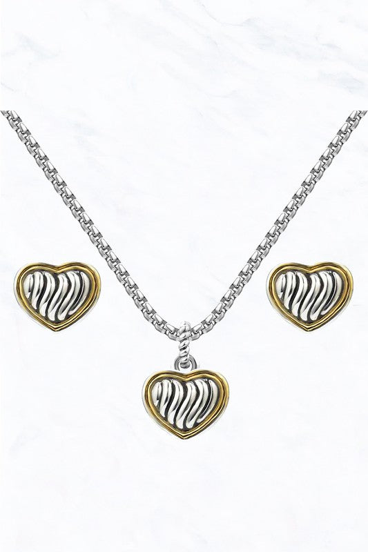 Two Tone Heart Pendant Necklace Set