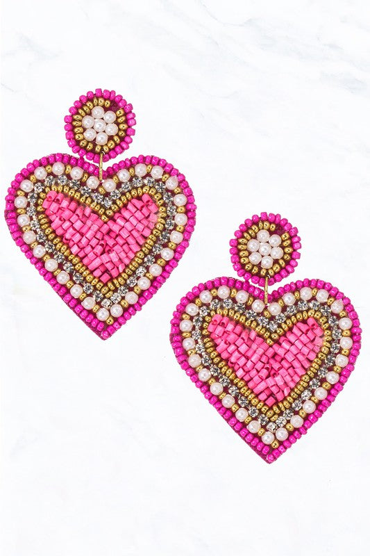 Seed Bead & Pearl Heart Earrings