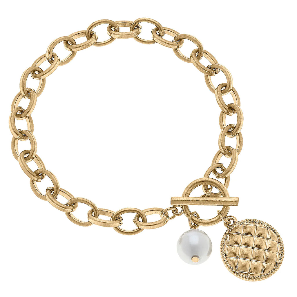 Kira Quilted Metal Charm T-Bar Bracelet in Worn Gold