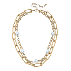 Perrie Layered Pearl & Chunky Chain Necklace in Worn Gold