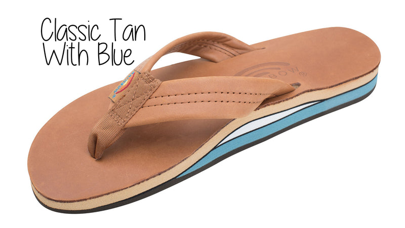 Classic Leather Ladies' Wide Strap Double Layer Rainbow Sandals -Classic Tan with Blue