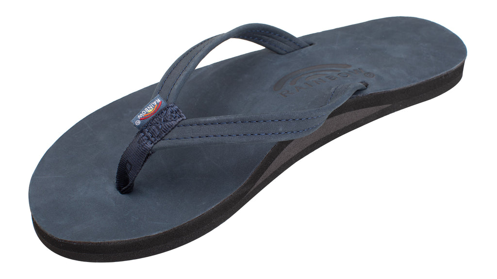 Premium Leather Ladies' Narrow Strap Single Layer Rainbow Sandals - Navy