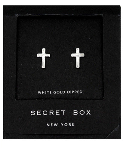White Gold Dipped Cross SecretBox Earrings