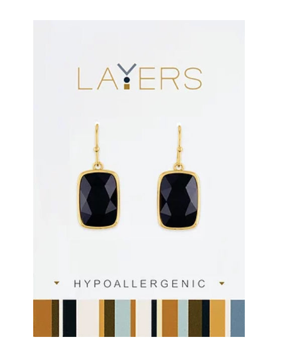 Black Rectangle Stone Layers Dangle Earrings in Gold