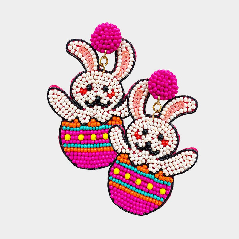 Fuchsia Seed Bead Easter Bunny Egg Earrings