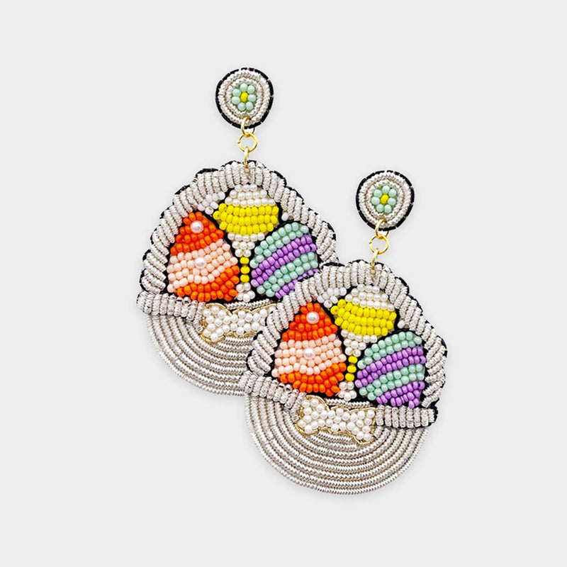 Ivory Seed Bead Easter Egg Basket Earrings