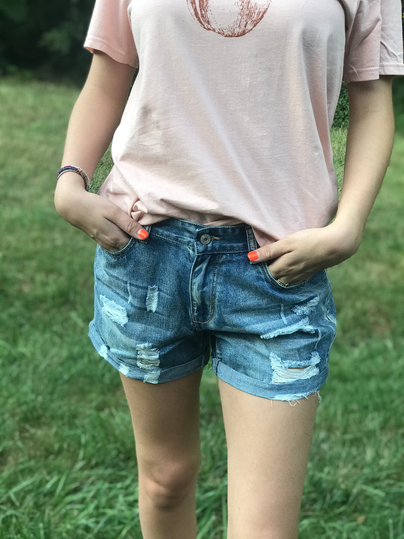 Norma Jean Vintage Faded and Distressed Denim Shorts