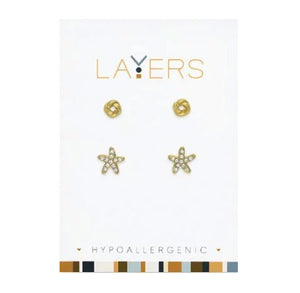 Knot & CZ Shell Duo Pair Layers Stud Earrings in Gold