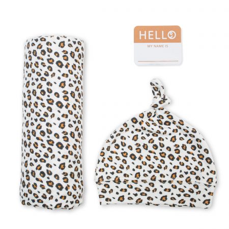 Lulujo Leopard Hello World Hat & Swaddle Set