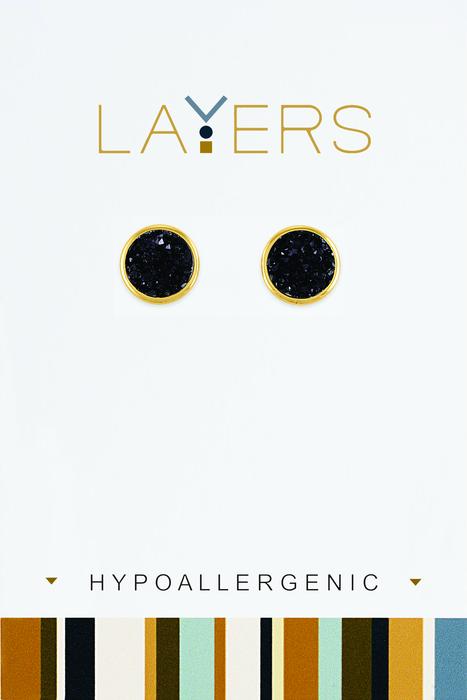 Circle Black Druzy Layers Earrings in Gold