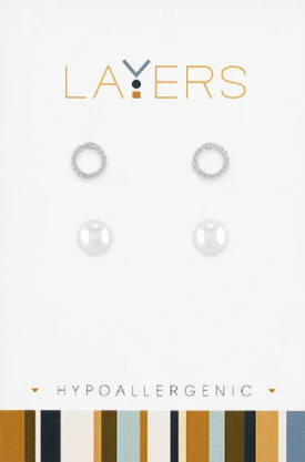 Twisted Open Circle & Pearl Duo Stud Layers Earrings in Silver