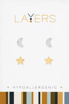 Moon & Gold Star Duo Stud Layers Earrings in Silver