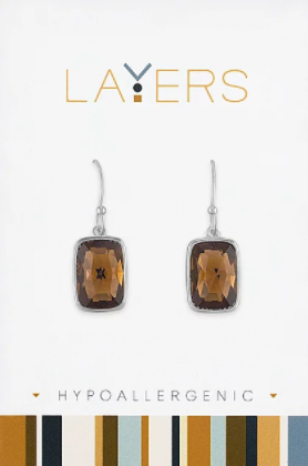 Rectangle Smoked Topaz Dangle Layers Earrings in Silver