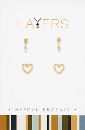 Arrow & Open Heart Duo Layers Stud Earrings in Gold