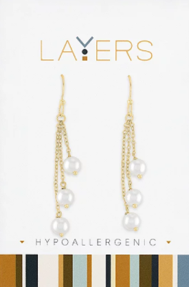 Triple Pearl Dangle Layers Earrings in Gold