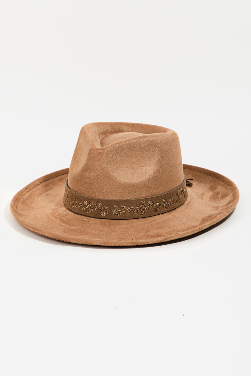 Embroidered Flower Strap Brown Fedora Hat