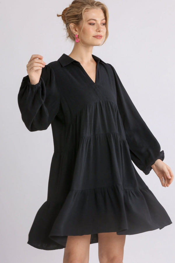 Umgee Beauty & Brains Black Linen Blend Ruffle Tiered Dress