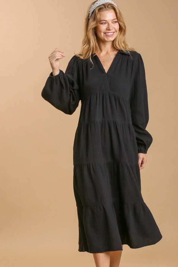 Umgee Time To Remember Black Gauze Tiered Maxi Dress