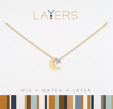 Two-Tone Moon & Star Layers Necklace in Gold
