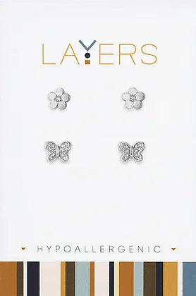 CZ Butterfly & Flower Duo Pair Stud Layers Earrings in Silver