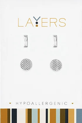 Rectangular CZ & Trax Circle Duo Pair Stud Layers Earrings in Silver