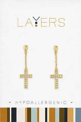 CZ Cross Studded Dangle Layers Earrings in Gold