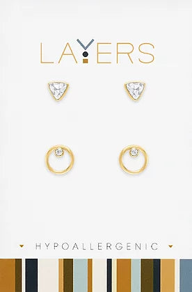 Triangle CZ & Open Circle CZ Pair Duo Stud Layers Earrings in Gold