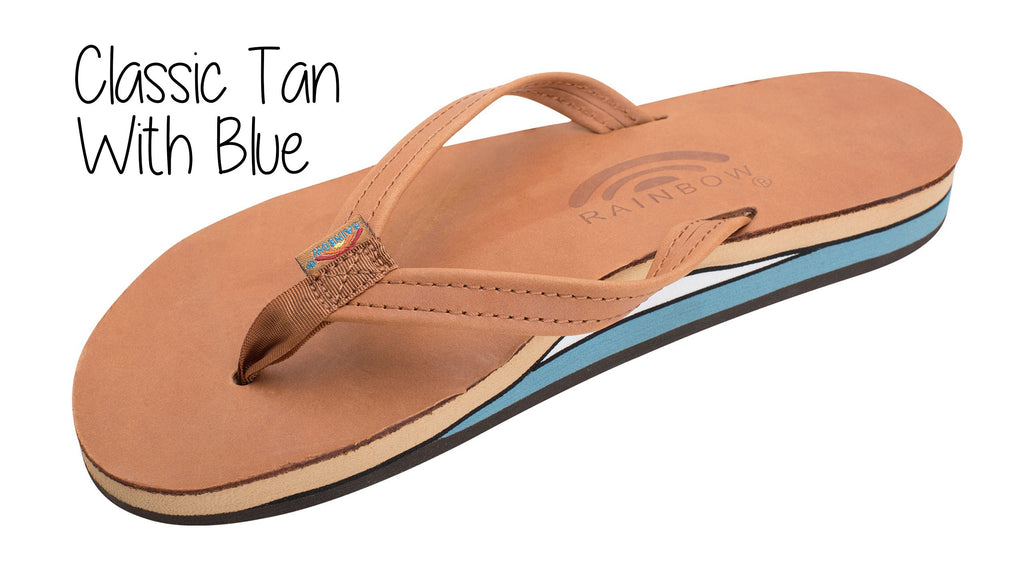 Classic Leather Ladies' Narrow Strap Double Layer Rainbow Sandals - Classic Tan with Blue