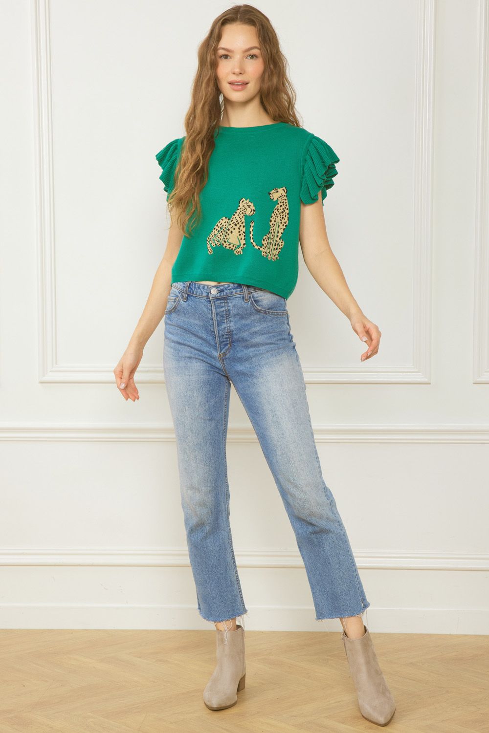 Can't Be Tamed Green Ruffle Sleeve Crop Top