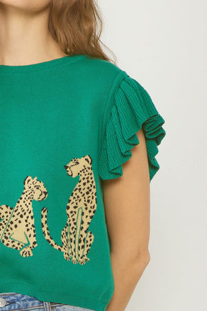 Can't Be Tamed Green Ruffle Sleeve Crop Top
